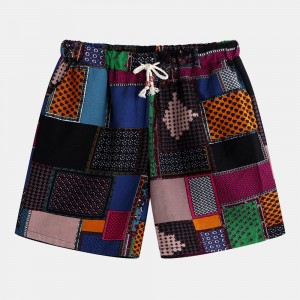 Mens Colorful Patchwork Printing Loose Drawstring Casual Straight Shorts