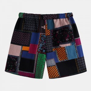Mens Colorful Patchwork Printing Loose Drawstring Casual Straight Shorts