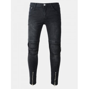 Black Biker Fold Holes Zipper Slim Ripped Jeans for Men