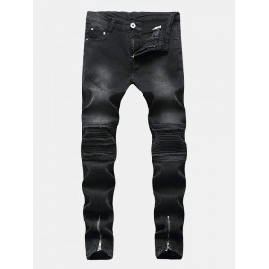 Hip Hop Stylish Zipper Fold Holes Designer Black Jeans For Men