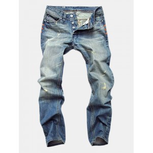 Casual Ripped Fold Stitching Straight Washed Jeans For Men