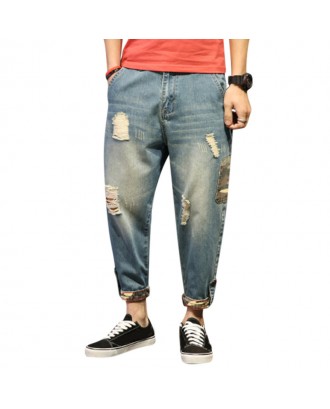 30-42 Stylish Haren Pants Loose Holes Ripped Jeans for Men