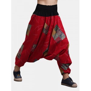 Mens Casual Baggy Cotton Harem Pants Ethnic Style Printed Loose Wide Leg Pants Lantern Pants