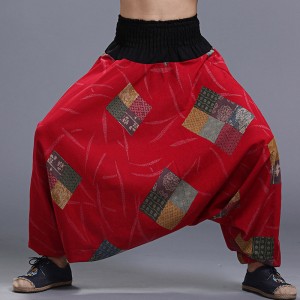 Mens Casual Baggy Cotton Harem Pants Ethnic Style Printed Loose Wide Leg Pants Lantern Pants
