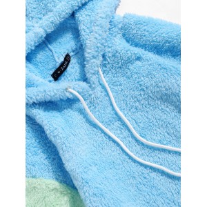  Color-blocking Splicing Fuzzy Pullover Hoodie - Light Sky Blue L