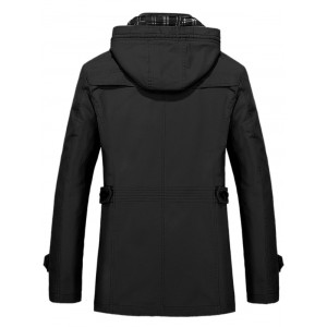 Buttons Zip Hooded Trench Coat - Black L