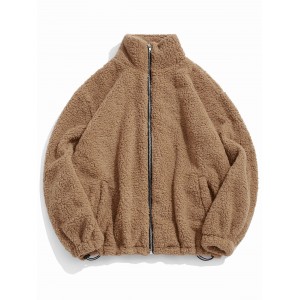  Faux Fur Solid Toggle Drawstring Fuzzy Jacket - Camel Brown L