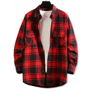 Chest Pocket Plaid High Low Button Shirt - Red L