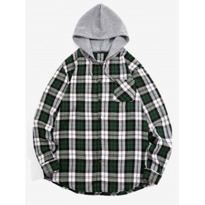 Checked Print Pockets Button Up Hooded Shirt - Green Xl