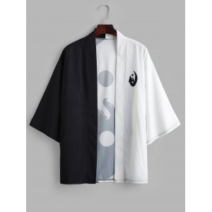 Roaring Moon Wolf Print Open Front Kimono Cardigan - Black L